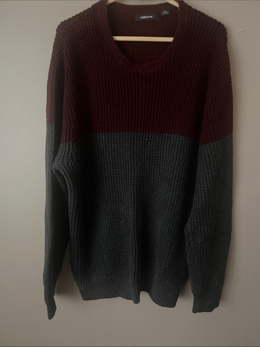 Claiborne Men's Wine and Charcoal Two-Tone Crewneck Sweater
